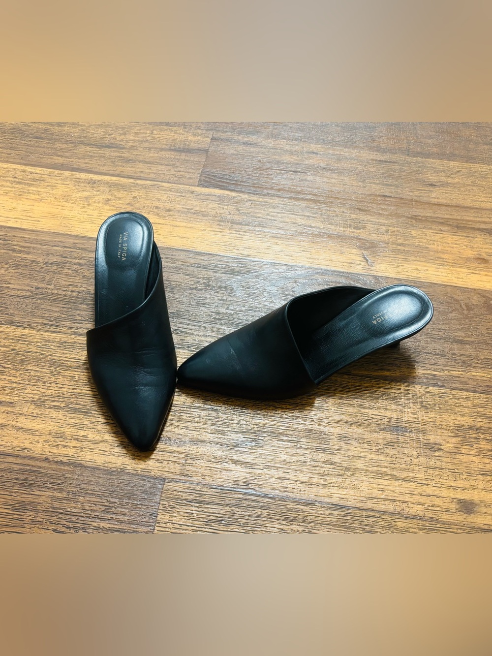 Via Spiga Black Pointed Leather Mule Heels - Picture 2 of 8